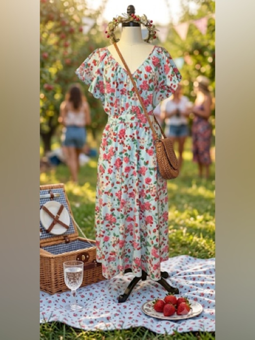 ⁠ Ann Taylor Petite Strawberry Flutter Sleeve Dress 12P⁠ Picnic/Frits Festivals